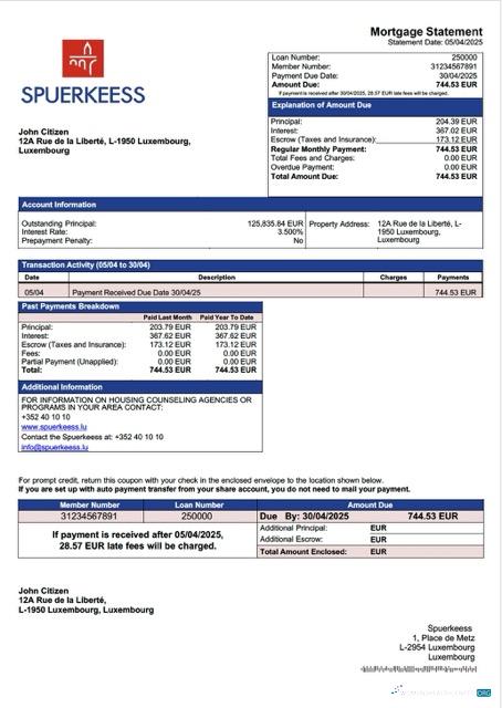 Download Luxembourg Spuerkeess Bank mortgage statement Word and PDF template Photoshop template